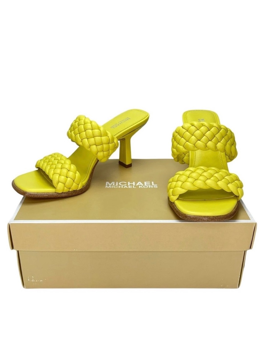 Michael Kors Neon Yellow Braided Double-Strap Heeled Mules